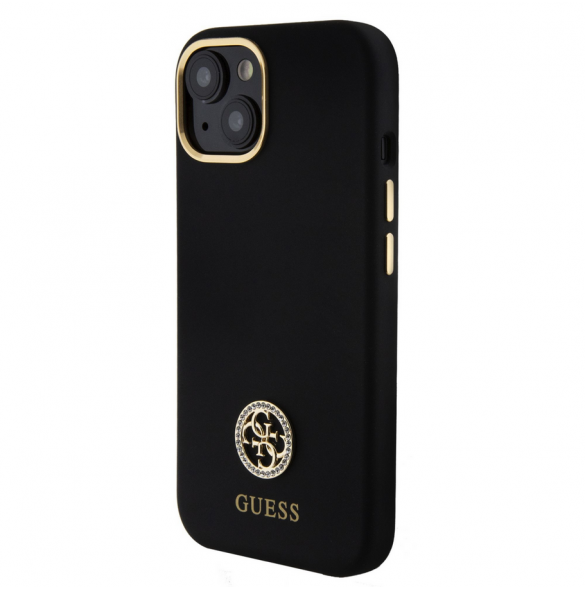 Guess Liquid Silicone 4G Strass Metal Logotypfodral till iPhone 15 Svart