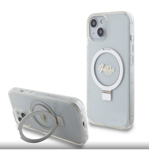Guess IML Ring Stand Glitter MagSafe Fodral för iPhone 15 Transparent