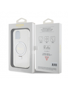 Guess IML Ring Stand Glitter MagSafe Fodral för iPhone 15 Transparent