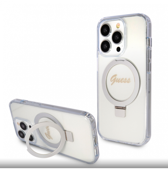 Guess IML Ring Stand Glitter MagSafe Fodral för iPhone 15 Pro Max Transparent