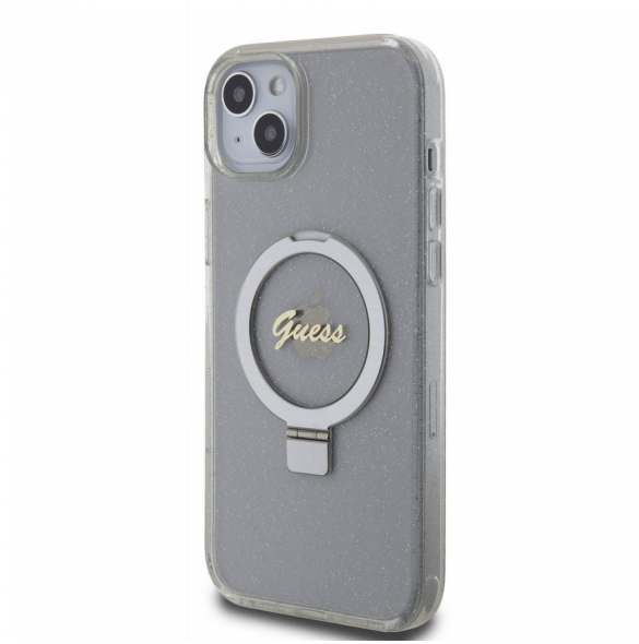 Guess IML Ring Stand Glitter MagSafe Fodral för iPhone 15 Plus Transparent