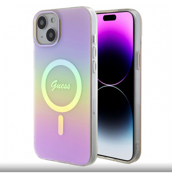 Guess IML Iridescent Script MagSafe Fodral för iPhone 15 Rosa