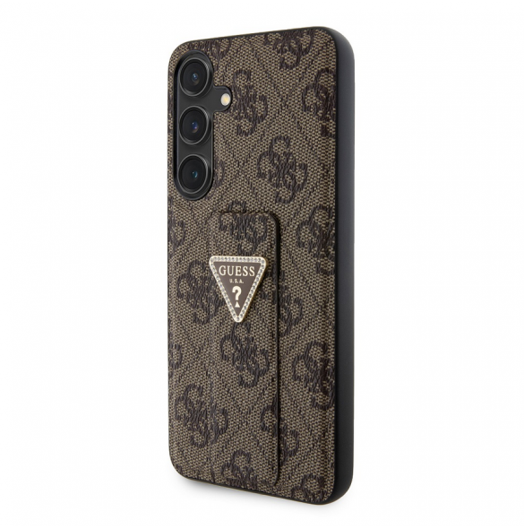 Guess PU Grip Stand 4G Strass Triangle Metal Logo Bakre skal till Samsung Galaxy S24+ Brun