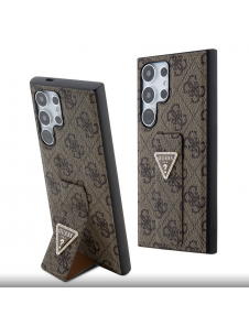 Guess PU Grip Stand 4G Strass Triangle Metal Logo Bakre skal till Samsung Galaxy S24 Ultra Brown
