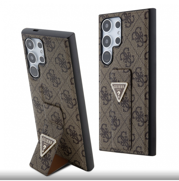 Guess PU Grip Stand 4G Strass Triangle Metal Logo Bakre skal till Samsung Galaxy S24 Ultra Brown