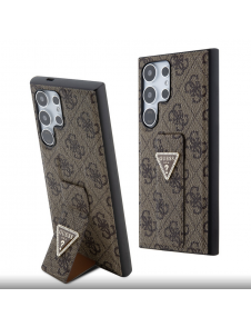 Guess PU Grip Stand 4G Strass Triangle Metal Logo Bakre skal till Samsung Galaxy S24 Ultra Brown