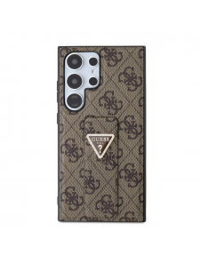 Guess PU Grip Stand 4G Strass Triangle Metal Logo Bakre skal till Samsung Galaxy S24 Ultra Brown