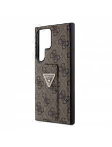 Guess PU Grip Stand 4G Strass Triangle Metal Logo Bakre skal till Samsung Galaxy S24 Ultra Brown