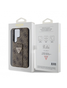 Guess PU Grip Stand 4G Strass Triangle Metal Logo Bakre skal till Samsung Galaxy S24 Ultra Brown