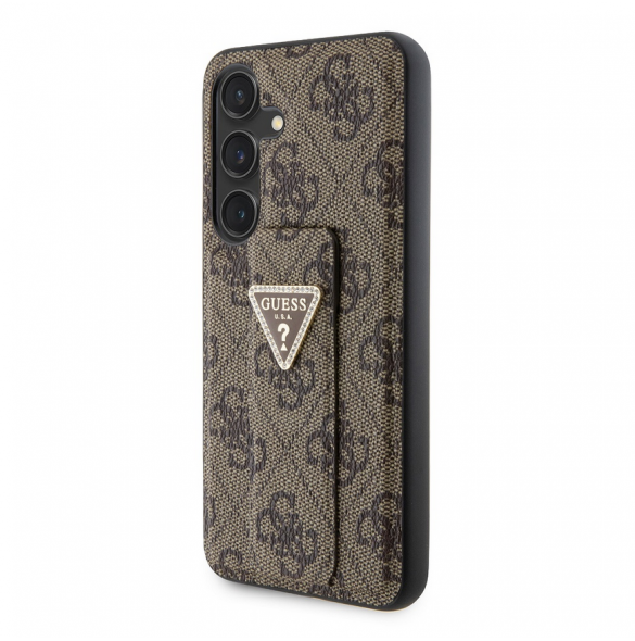 Guess PU Grip Stand 4G Strass Triangle Metal Logo Bakre skal till Samsung Galaxy S24 Brown