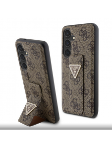 Guess PU Grip Stand 4G Strass Triangle Metal Logo Bakre skal till Samsung Galaxy S24 Brown