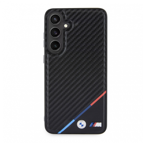 BMW M PU Läder Carbon Magsafe Tricolor Line Bakskal till Samsung Galaxy S24+ Svart