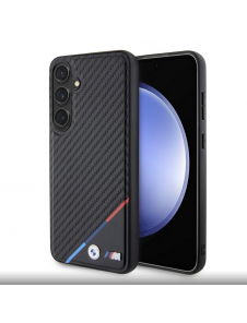 BMW M PU Läder Carbon Magsafe Tricolor Line Bakskal till Samsung Galaxy S24+ Svart