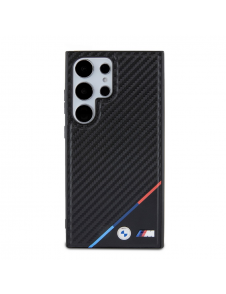 BMW M PU Läder Carbon Magsafe Tricolor Line Bakskal till Samsung Galaxy S24 Ultra Black