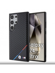 BMW M PU Läder Carbon Magsafe Tricolor Line Bakskal till Samsung Galaxy S24 Ultra Black