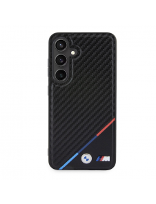 BMW M PU Läder Carbon Magsafe Tricolor Line Bakskal till Samsung Galaxy S24 Svart