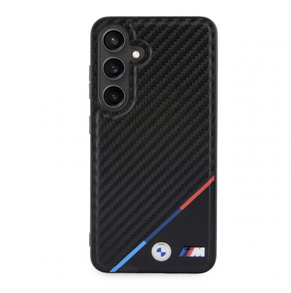 BMW M PU Läder Carbon Magsafe Tricolor Line Bakskal till Samsung Galaxy S24 Svart