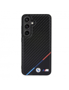 BMW M PU Läder Carbon Magsafe Tricolor Line Bakskal till Samsung Galaxy S24 Svart