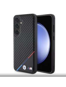 BMW M PU Läder Carbon Magsafe Tricolor Line Bakskal till Samsung Galaxy S24 Svart