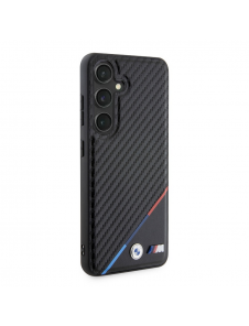 BMW M PU Läder Carbon Magsafe Tricolor Line Bakskal till Samsung Galaxy S24 Svart