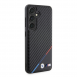 BMW M PU Läder Carbon Magsafe Tricolor Line Bakskal till Samsung Galaxy S24 Svart