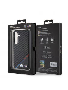 BMW M PU Läder Carbon Magsafe Tricolor Line Bakskal till Samsung Galaxy S24 Svart