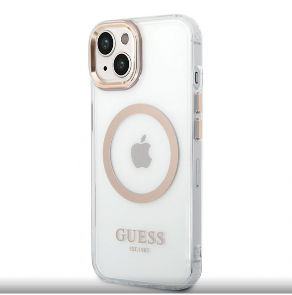 Guess Transparent MagSafe-kompatibelt fodral för iPhone 14 Plus Gold