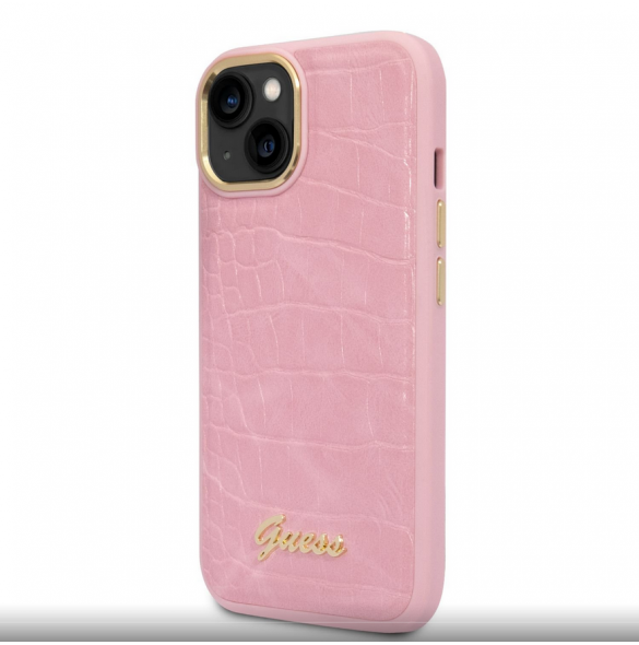 Guess PU Croco med Metal Camera Outline-fodral för iPhone 14 Plus Rosa