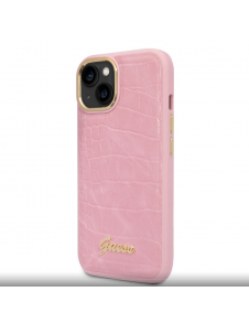 Guess PU Croco med Metal Camera Outline-fodral för iPhone 14 Plus Rosa