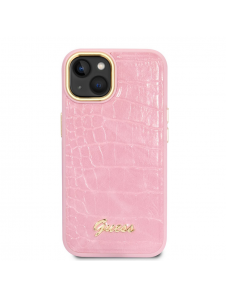 Guess PU Croco med Metal Camera Outline-fodral för iPhone 14 Plus Rosa