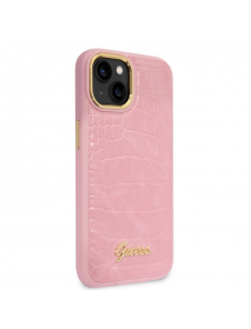Guess PU Croco med Metal Camera Outline-fodral för iPhone 14 Plus Rosa