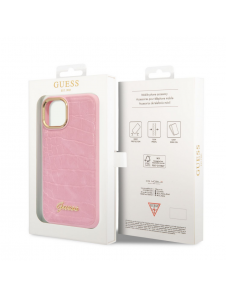Guess PU Croco med Metal Camera Outline-fodral för iPhone 14 Plus Rosa