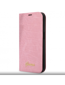 Guess PU Croco med Metal Camera Outline Bokfodral för iPhone 14 Plus Rosa