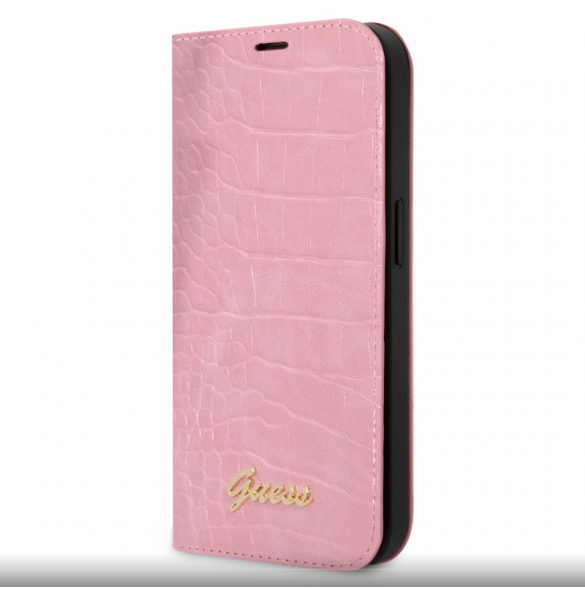 Guess PU Croco med Metal Camera Outline Bokfodral för iPhone 14 Plus Rosa