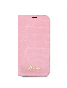 Guess PU Croco med Metal Camera Outline Bokfodral för iPhone 14 Plus Rosa