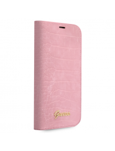 Guess PU Croco med Metal Camera Outline Bokfodral för iPhone 14 Plus Rosa