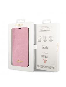 Guess PU Croco med Metal Camera Outline Bokfodral för iPhone 14 Plus Rosa