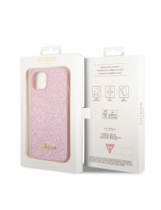 Guess PC/TPU Glitter Flakes metalllogofodral för iPhone 14 Plus Rosa