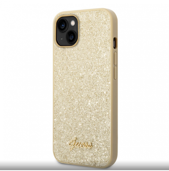 Guess PC/TPU Glitter Flakes metalllogofodral för iPhone 14 Plus Gold