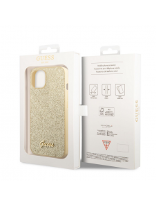 Guess PC/TPU Glitter Flakes metalllogofodral för iPhone 14 Plus Gold