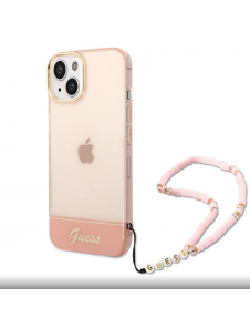 Guess PC/TPU Camera Outline Translucent Fodral med rem för iPhone 14 Plus Pink