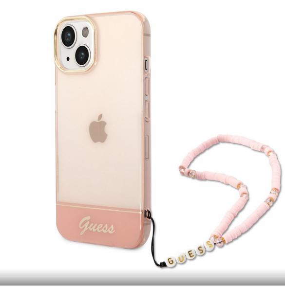 Guess PC/TPU Camera Outline Translucent Fodral med rem för iPhone 14 Plus Pink