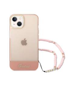 Guess PC/TPU Camera Outline Translucent Fodral med rem för iPhone 14 Plus Pink