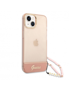 Guess PC/TPU Camera Outline Translucent Fodral med rem för iPhone 14 Plus Pink