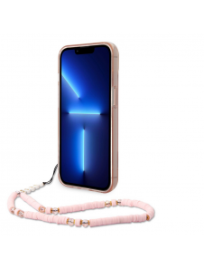 Guess PC/TPU Camera Outline Translucent Fodral med rem för iPhone 14 Plus Pink