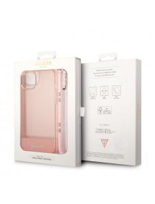 Guess PC/TPU Camera Outline Translucent Fodral med rem för iPhone 14 Plus Pink