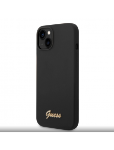 Guess flytande silikonmetalllogofodral för iPhone 14 Plus Svart