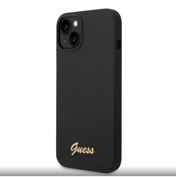 Guess flytande silikonmetalllogofodral för iPhone 14 Plus Svart