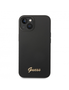 Guess flytande silikonmetalllogofodral för iPhone 14 Plus Svart