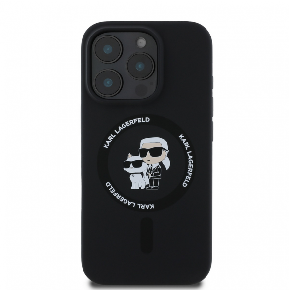 Karl Lagerfeld flytande silikon Karl och Choupette MagSafe-fodral till iPhone 16 Pro Svart